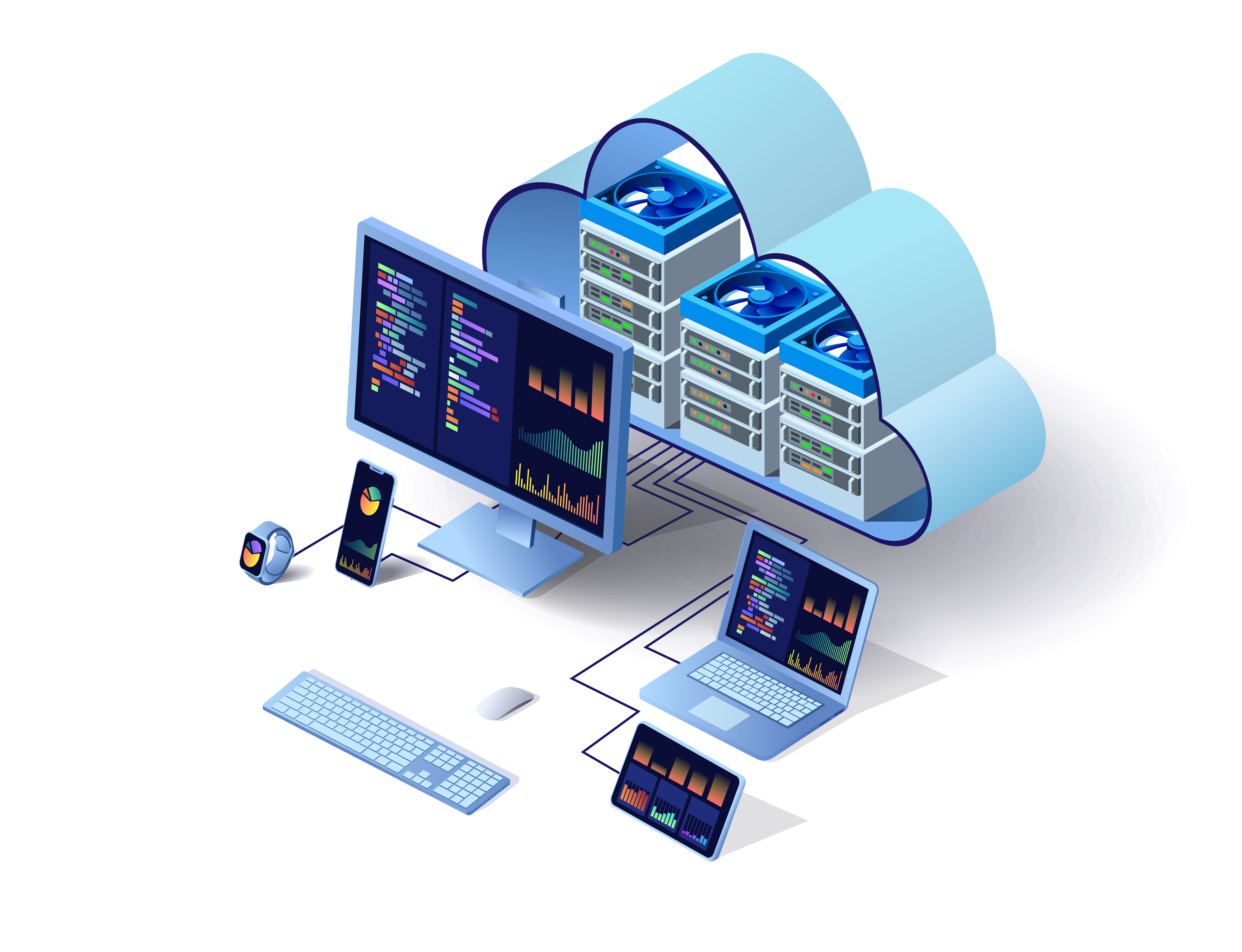 Cloud technology computing concept. Data center concept. Modern cloud technologies. Vector 3d isometric illustration network with computer, laptop, tablet, and smartphone. For web design, presentation
