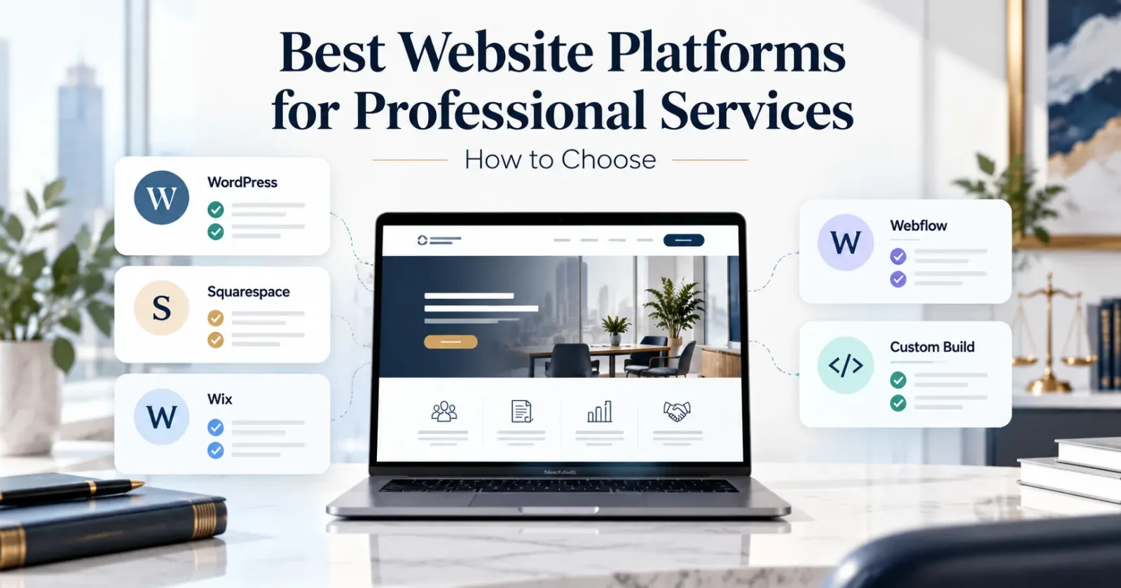 Comparison of WordPress, Squarespace, Wix, Webflow, and custom website development options for professional services firms, displayed around a laptop.