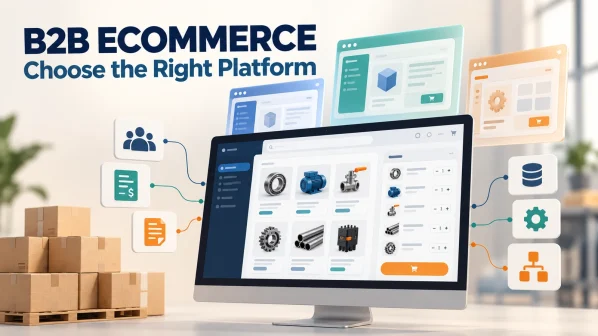 B2B ecommerce platform comparison illustration showing a wholesale ordering portal with account management, pricing and integration icons.