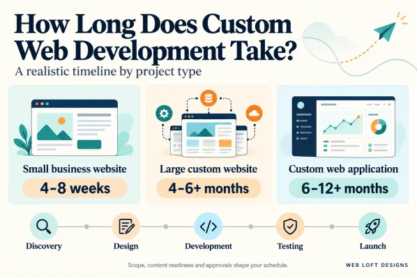 Custom web development timelines: small business websites take 4–8 weeks, large custom websites 4–6+ months, and custom web applications 6–12+ months.