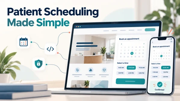 Patient scheduling portal integrated into a healthcare website, showing appointment calendars and available time slots on desktop and mobile.