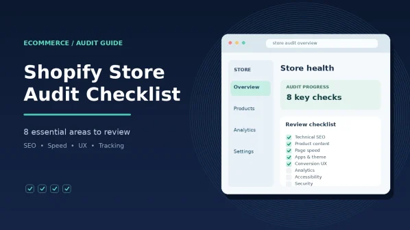 Shopify store audit checklist dashboard highlighting technical SEO, product content, page speed, user experience, analytics, accessibility, and security.