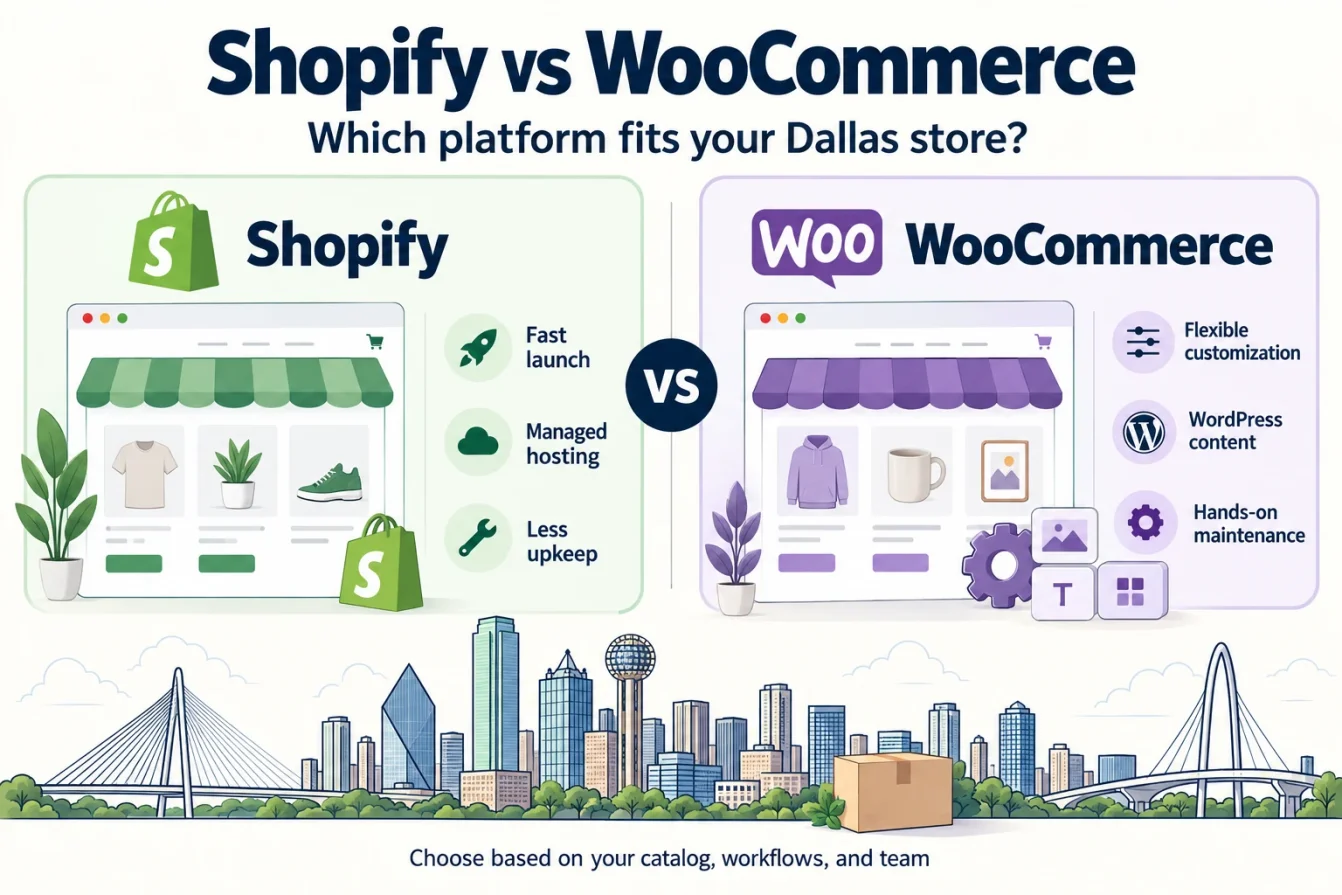 Infographic comparing Shopify’s fast launch and managed hosting with WooCommerce’s customization and WordPress content features for Dallas online stores.