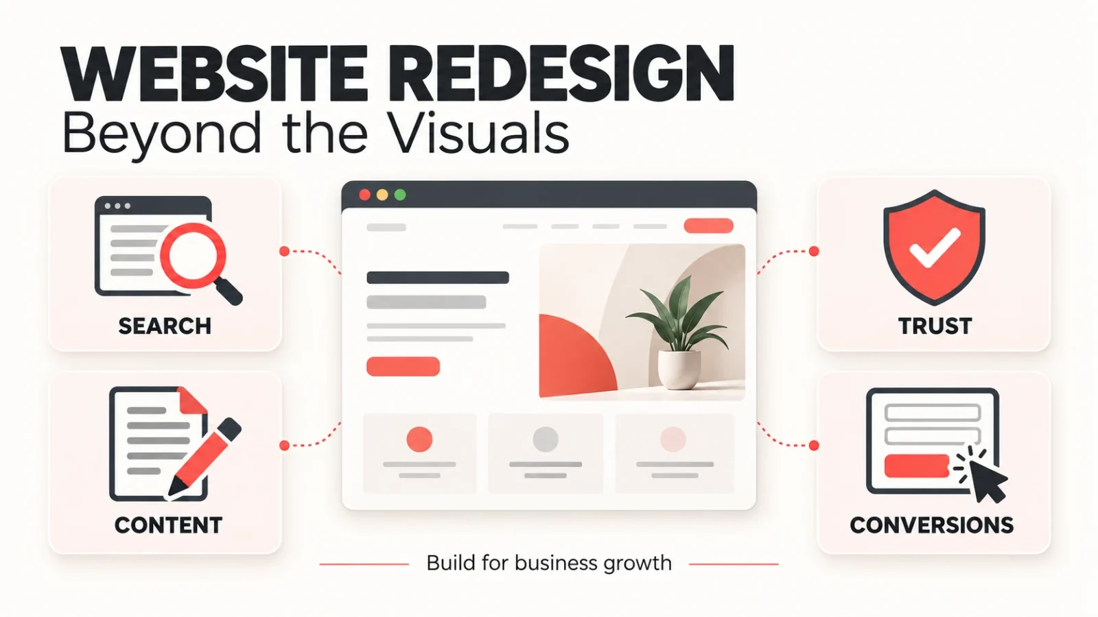 Website redesign infographic highlighting search visibility, trust, conversions, and content management around a business website.
